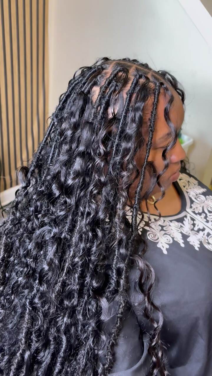 Long curly faux locs with neat parts, Bee Locs by BeeTaughtMe
