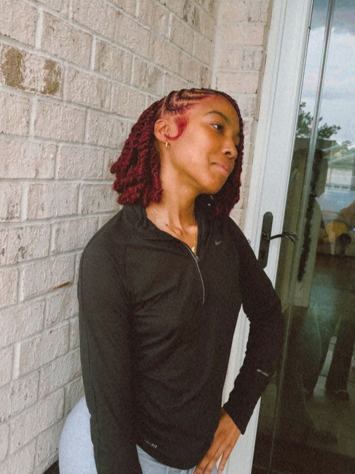 Client wearing a burgundy Fulani bob with cornrowed detail, styled by BeeTaughtMe