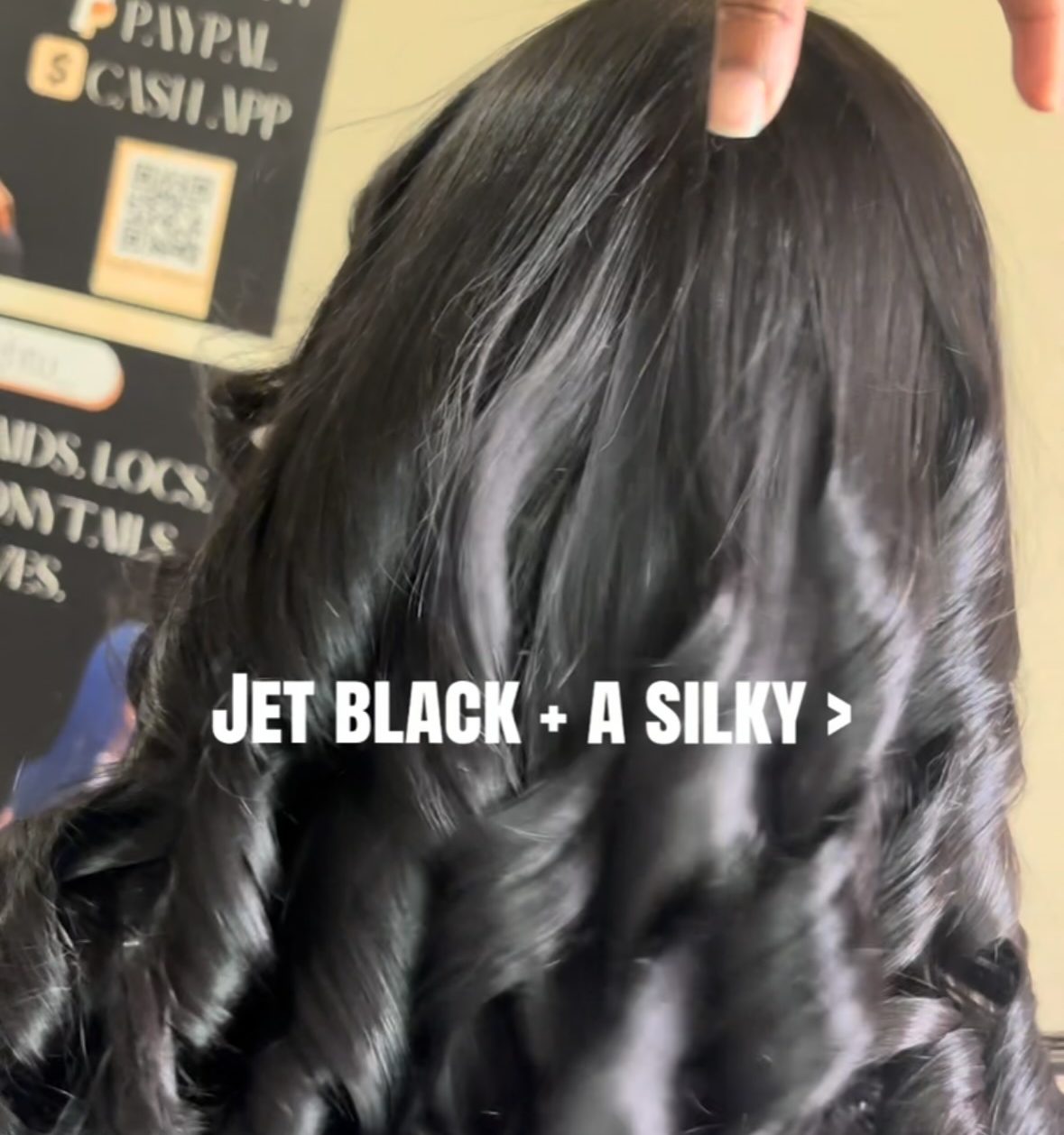 Jet black silk press with bouncy curls, styled by BeeTaughtMe